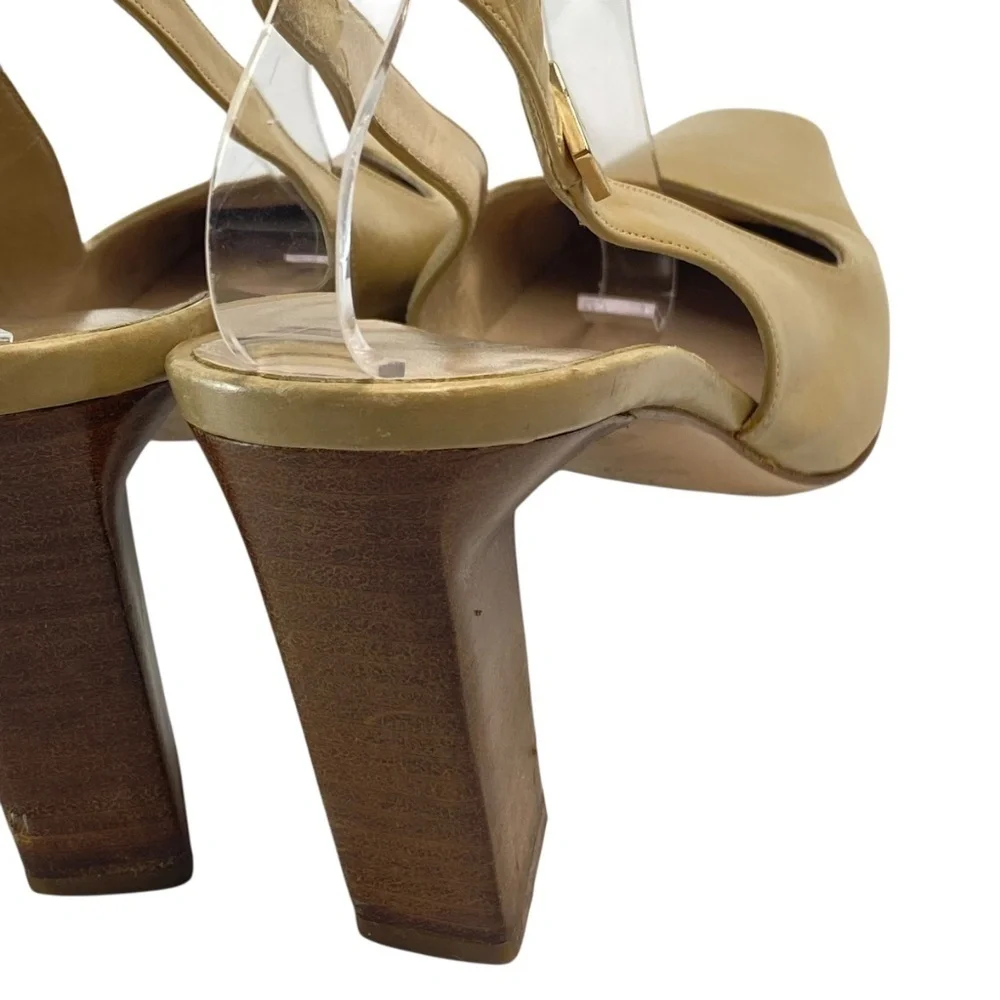 MAX MARA - Slingback Leather Sandals Block Heel Beige Size 38.5